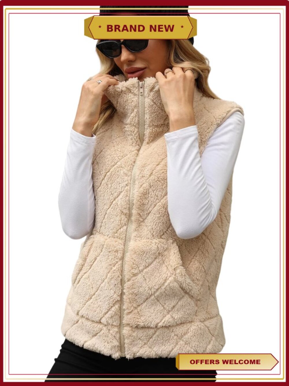 WQD Womens Fuzzy Fleece Vest Casual Sleeveless Zip Up Warm Sherpa Vest Jacket